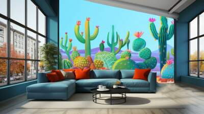 A colorful, whimsical rendering of a Mexican cactus garden, its prickly shapes and vibrant hues contrasting against the desert backdrop. Wall mural