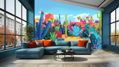 A colorful, whimsical rendering of a Mexican cactus garden, its prickly shapes and vibrant hues contrasting against the desert backdrop. Wall mural