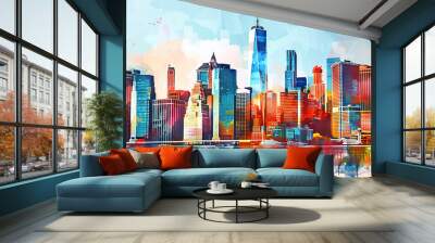 A colorful painting of a bustling city skyline, featuring modern skyscrapers and landmarks, representing urban business environments. Wall mural