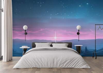 A dreamy nightscape of the Star of Bethlehem guiding the way to Jesus's birthplace, with soft pinks and blues creating a sense of wonder and awe. Wall mural