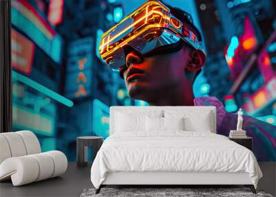 A guy with a futuristic visor and glow-in-the-dark accessories, immersed in a Y2K inspired cyberpunk city. Wall mural