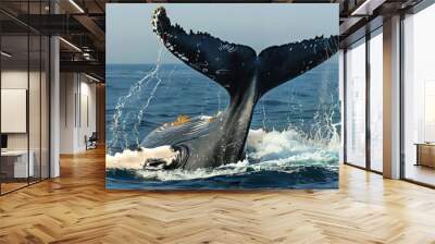 A humpback whale breaches the surface of the ocean, its massive tail flukes creating a splash. Wall mural