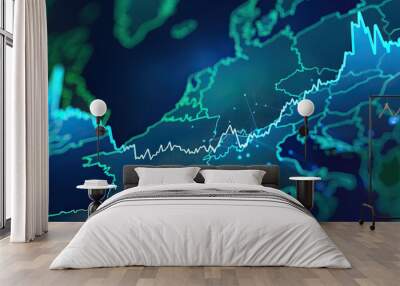 A line graph illustrating the stock market performance of top European companies, using shades of blue and green for clarity. Wall mural