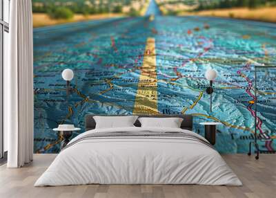 A map of the United States, with a winding highway leading to the horizon. Wall mural