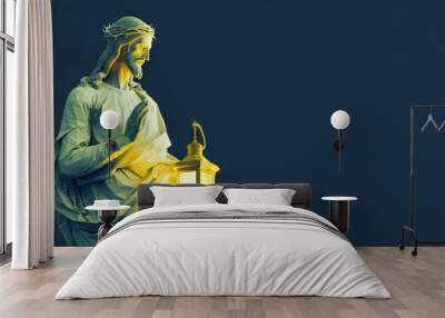 A minimalist statue of Jesus Christ holding a lantern, standing against a deep navy blue background. Wall mural