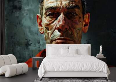 A mugshot stares boldly back at the camera, concealing a story of loss and regret. Wall mural