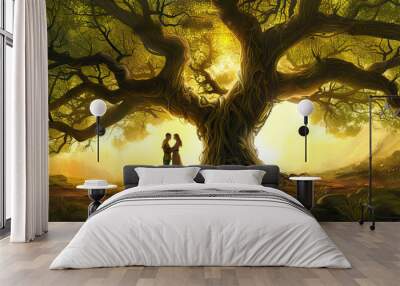 A pagan couple, hand-fasted under the protection of the Great Oak Wall mural