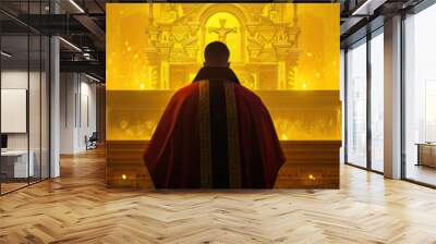 A priest wearing ceremonial robes stands before an ornate gold altar, illuminated by warm candlelight in a peaceful, yellow-hued sanctuary. Wall mural