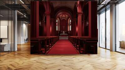 A rich burgundy wine color covers the walls and columns of a Catholic church, creating an intimate and warm atmosphere. Wall mural