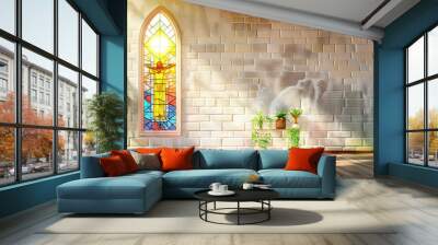 A serene, sunlit stained-glass window depicting Jesus Christ, casting vibrant hues across a simple, whitewashed church wall. Wall mural