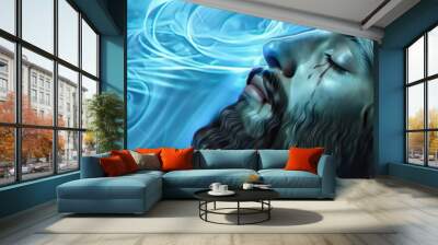 A serene depiction of Jesus Christ's face, surrounded by abstract swirls and hues of blue, evoking a sense of peace and divinity. Wall mural