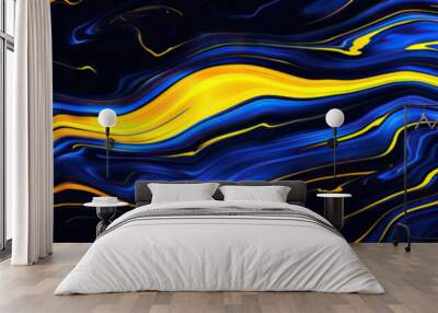 A striking cobalt blue and sunny yellow abstract pattern on a black background, capturing the vibrancy of summer. Wall mural