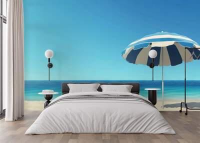 A summery blue and white striped beach umbrella providing shade on a sunny July day at the shore. Wall mural