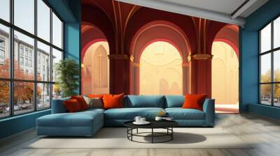 Abstract arches of maroon and gold highlight the quiet serenity of a European chapel. Wall mural