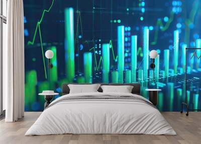 Abstract pattern of blue and green bars for stock exchange analysis. Wall mural