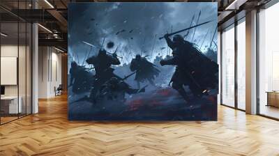 Amidst the chaos of battle, the advancing dark knights unleash their fury, their movements swift and precise as they clash with an opposing army under stormy skies Wall mural