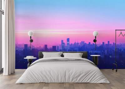 An abstract background of a city skyline at dusk, with the colors of the sky gradient fading from blue to violet, symbolizing the potential for growth and innovation in the business district. Wall mural