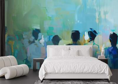 An abstract painting of Catholic parishioners gathered for a prayer service, their figures blending seamlessly into the soft blue and green palette. Wall mural