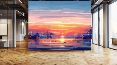 An abstract rendering of a European port with cargo ships and cranes in the distance. Wall mural