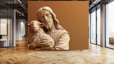 An abstract sculpture of Jesus holding a lamb, set against a warm, earthy brown background, symbolizing his role as the Good Shepherd. Wall mural