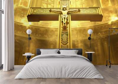 An elaborate gilded cross, standing tall against a golden background, symbolizing faith and devotion in a European cathedral. Wall mural