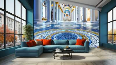 An intricate mosaic of blues, whites, and golds, adorning the floor of a Byzantine-style European church. Wall mural