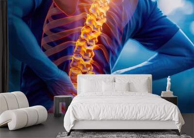 Ankylosing Spondylitis: The Back Stiffness and Pain - Visualize a person struggling to straighten their back, with highlighted spine and pain lines Wall mural