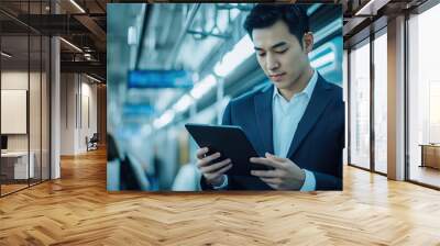 Asian male businessman using digital tablet while commuting on train Wall mural