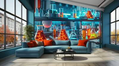 Biohacker's Domain: A laboratory setting, adorned with cutting-edge gene-splicing tools and neon-lit research specimens. Wall mural