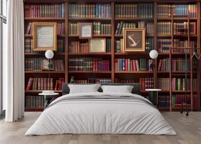 Bookshelf Brigade: A towering wall of textbooks, framed diplomas, and a classic leather armchair. Wall mural