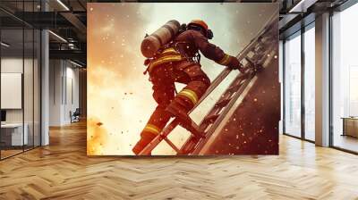 Caucasian male firefighter climbing up ladder to rescue person from burning building Wall mural