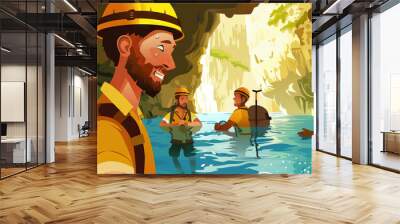 Cave Expedition Teamwork: A diverse team of explorers working together to overcome obstacles and explore hidden cave chambers. Wall mural