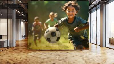 Children Playing Soccer Football. Running Action Shot in the Park. Green Grass and Sun. Mexican Hispanic Children.. Concept of Sports, Ball, Running, Laughing, Playing. Wall mural