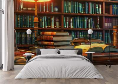 Close-up of a librarian's desk with cataloging tools and library books, symbolizing a job in library science Wall mural