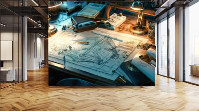 Close-up of a marine engineer's desk with ship blueprints and maritime regulations, illustrating a job in marine engineering Wall mural