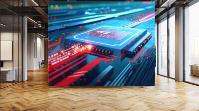 CPUs are the silent athletes of digital performance, pushing the limits of speed and efficiency: Illustrate a CPU as an athlete competing in a digital race Wall mural