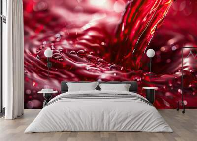 Crimson Cascade Macro Background. A dramatic close-up of cascading red wine pouring into a crystal glass, capturing the rich texture and deep hue, symbolizing indulgence and luxury. Wall mural