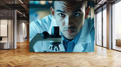 Dedicated Doctor's Determination: A man in a lab coat, scrutinizing a microscope with concentration. Wall mural