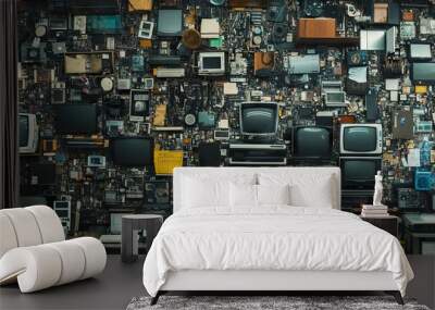 E-Waste Explosion: A wall of old electronics, including outdated computers, monitors and phones Wall mural