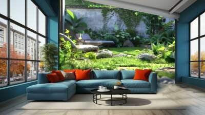 Eco-Friendly Garden Oasis: A lush green garden with sustainable landscaping and eco-friendly decor, creating a peaceful sanctuary. Wall mural