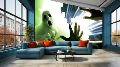 Emerald Ectoplasm: Hands reaching out in horror, as if encountering a ghostly apparition, with a haunted expression of disbelief. Wall mural