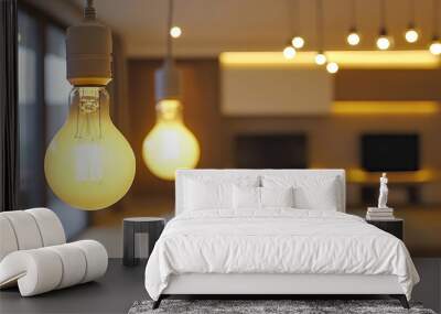 Energy Efficient Home: A modern living room with energy-saving light bulbs and smart power strips. Wall mural