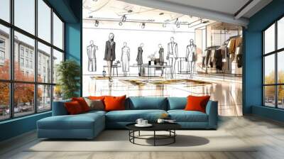 Fashion Showroom Floor: Displaying clothing racks, mannequins, fashion sketches, and models trying on outfits Wall mural