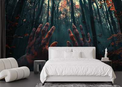 Fear: The Dark Forest and Trembling Hands - Visualize a dark forest with someone's hands trembling, illustrating the feeling of fear Wall mural