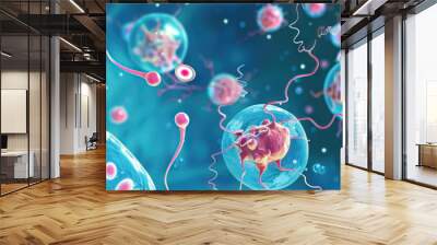 Fertility Foundations: Male and female reproductive cells, with sperm swimming toward an egg on a blue background. Wall mural