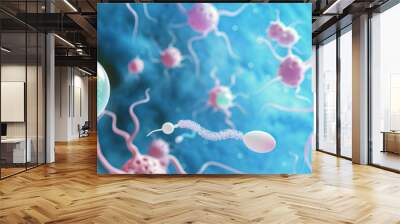 Fertility Foundations: Male and female reproductive cells, with sperm swimming toward an egg on a blue background. Wall mural