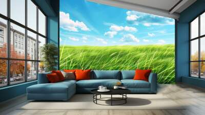 Grass Green Fields Background with Tiny Clouds Wall mural