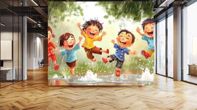 Happy Children Jumping in Puddle After Rain - Embrace the joy of childhood with this image of happy children jumping in a puddle after rain, perfect for illustrating fun or carefree moments.  Wall mural