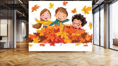 Happy Children Playing in a Pile of Autumn Leaves - Embrace the season with this image of happy children playing in a pile of autumn leaves Wall mural