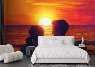 Happy Couple Watching Sunset on Beach - Experience the beauty of nature with this image of a happy couple watching the sunset on the beach, perfect for illustrating romance or tranquility concepts Wall mural